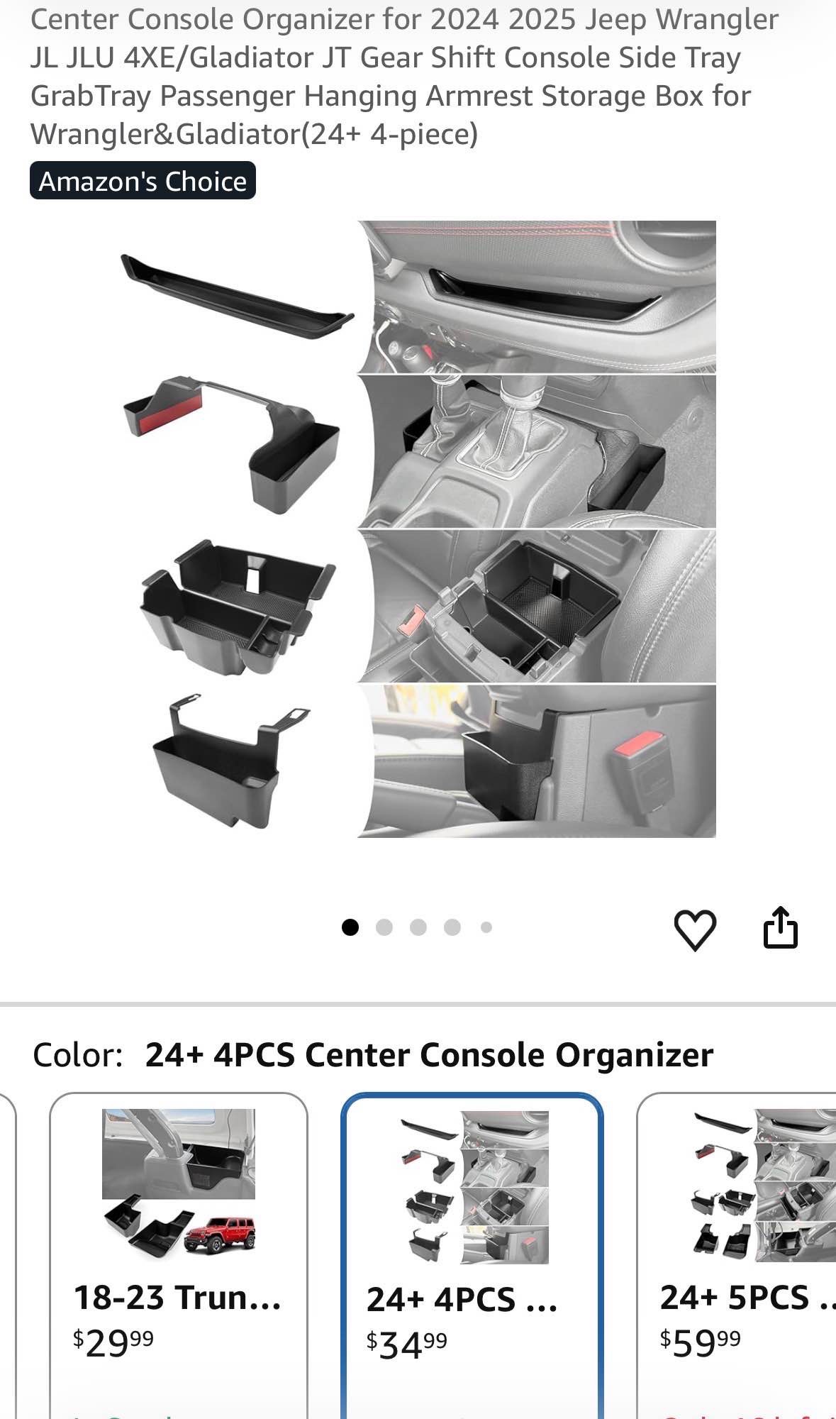4PCS Upgraded Center Console Organizer for Jeep Wrangler JL JLU 4xe 2018-2026 & Gladiator JT 2020-2024 2025 2026 Accessories Gear Shift Side Tray Hanging Armrest Storage Box (Not for JK/JKU)