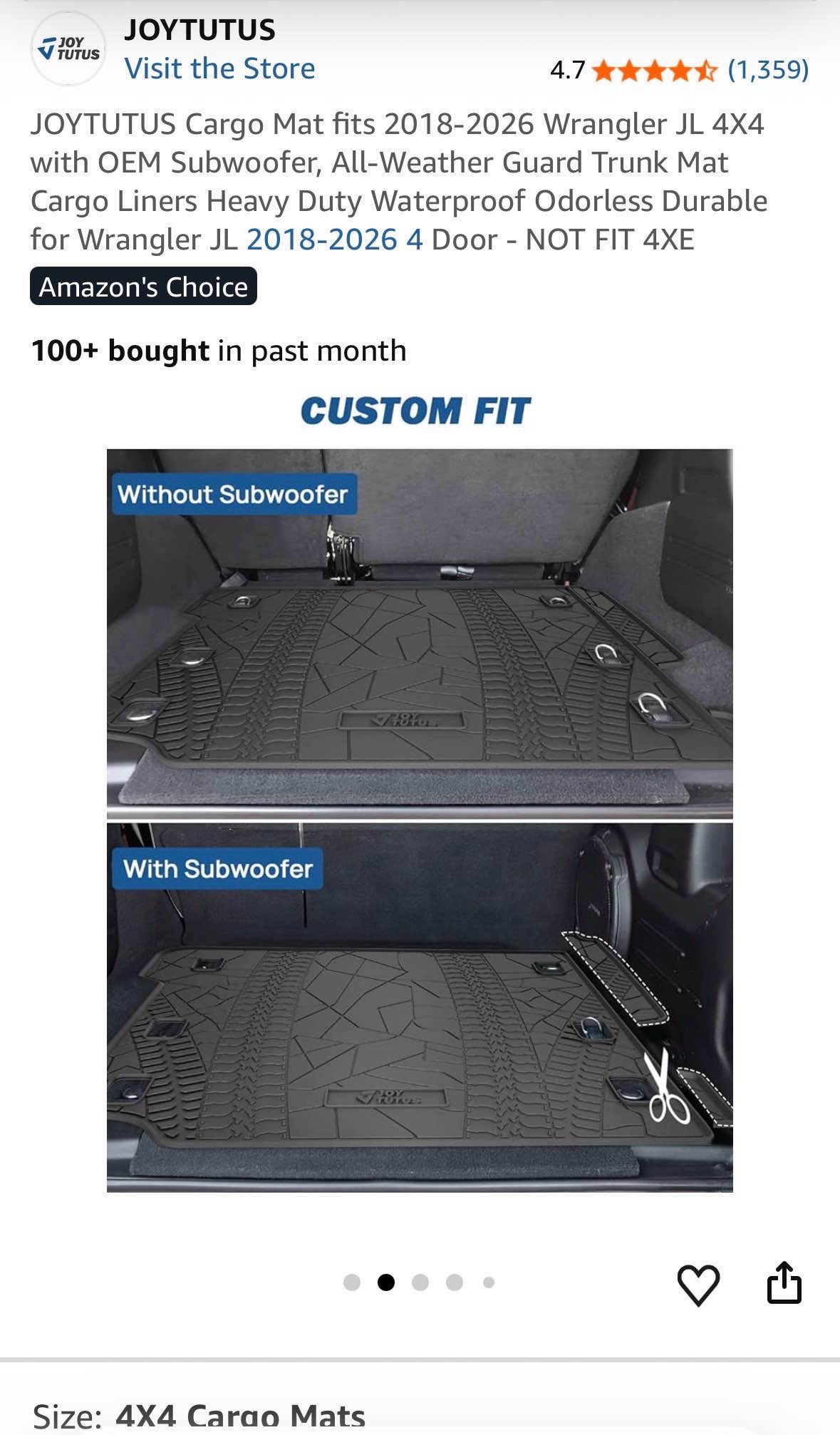 JOYTUTUS Cargo Mat fits 2018-2026 Wrangler JL 4X4 with OEM Subwoofer, All-Weather Guard Trunk Mat Cargo Liners Heavy Duty Waterproof Odorless Durable for Wrangler JL 2018-2026 4 Door - NOT FIT 4XE