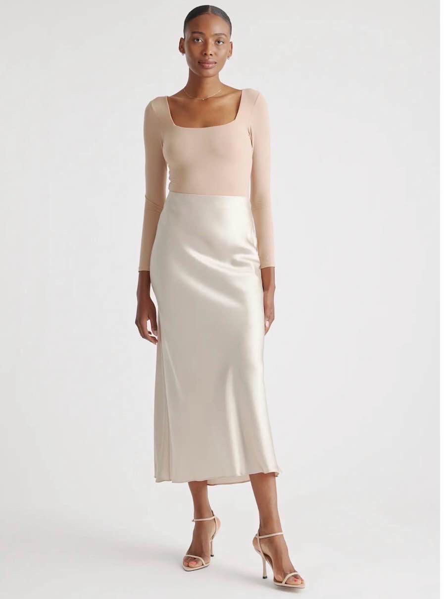 100% Washable Silk Maxi Skirt in Champagne