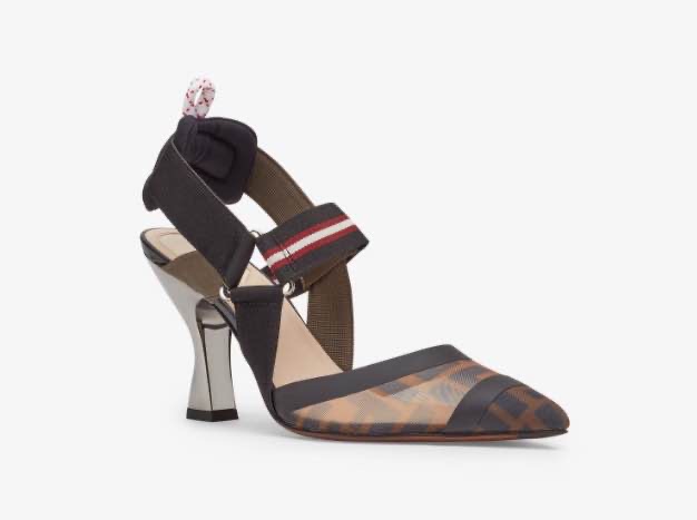 FENDI Colibri Black & Brown Zucca FF Logo Printed Mesh Slingback Pumps