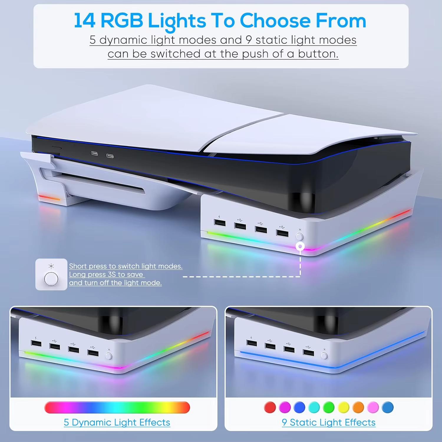 Horizontal Stand with RGB LED Light for PS5 Slim Console,Stand Holder Accessories with 14 Light Modes and 4-Port USB Ports