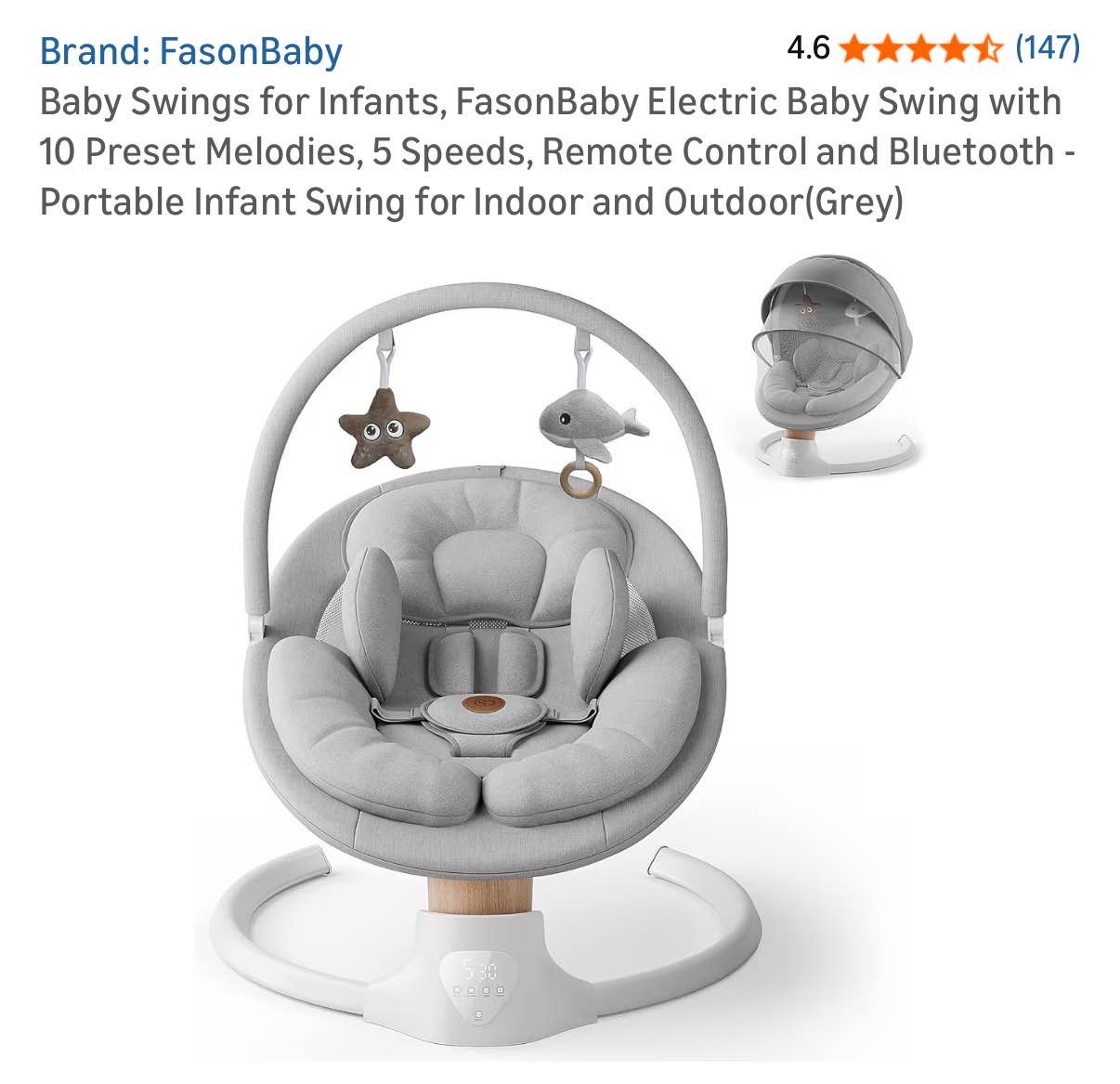 Baby Swings for Infants, FasonBaby Electric Baby Swing with Music Speaker, 5 Speeds, Remote Control and Bluetooth - Portable Infant Swing for Indoor and Outdoor (Gray)