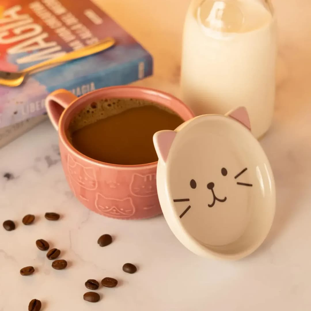 Taza Con Plato Cerámica Con Diseño De Gato Gatito