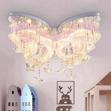 Butterfly LED Chandelier Girls Bedroom Hanging Crystal Flush Mount Light in White