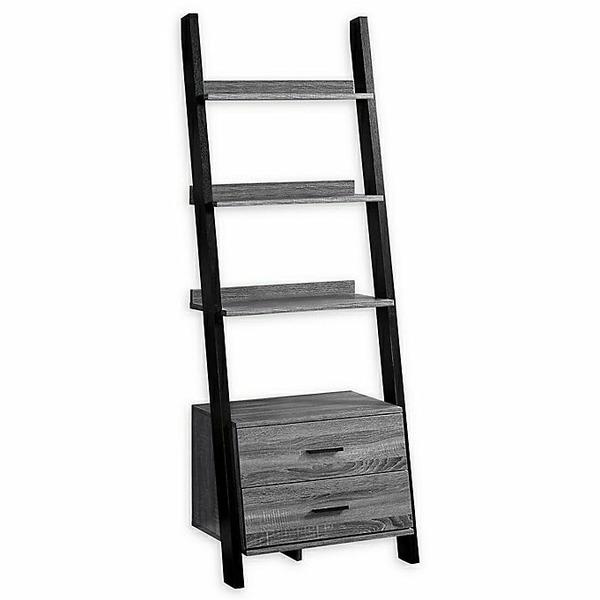 Monarch Specialties 69-Inch Ladder Bookcase with 2 Storage Drawers in Grey/Black