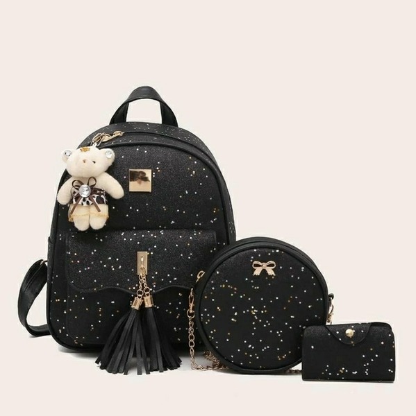 Tassel Decor Glitter Backpack With Card Case 3pcs