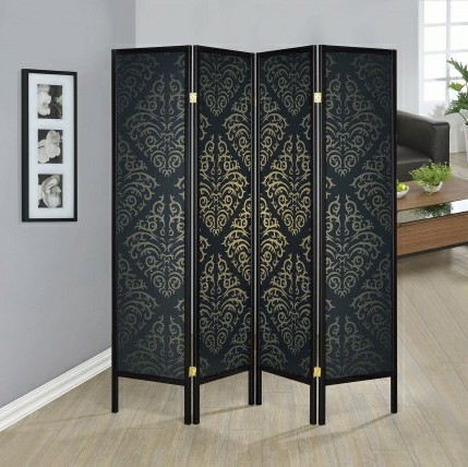 Black Damask Print Folding Screen