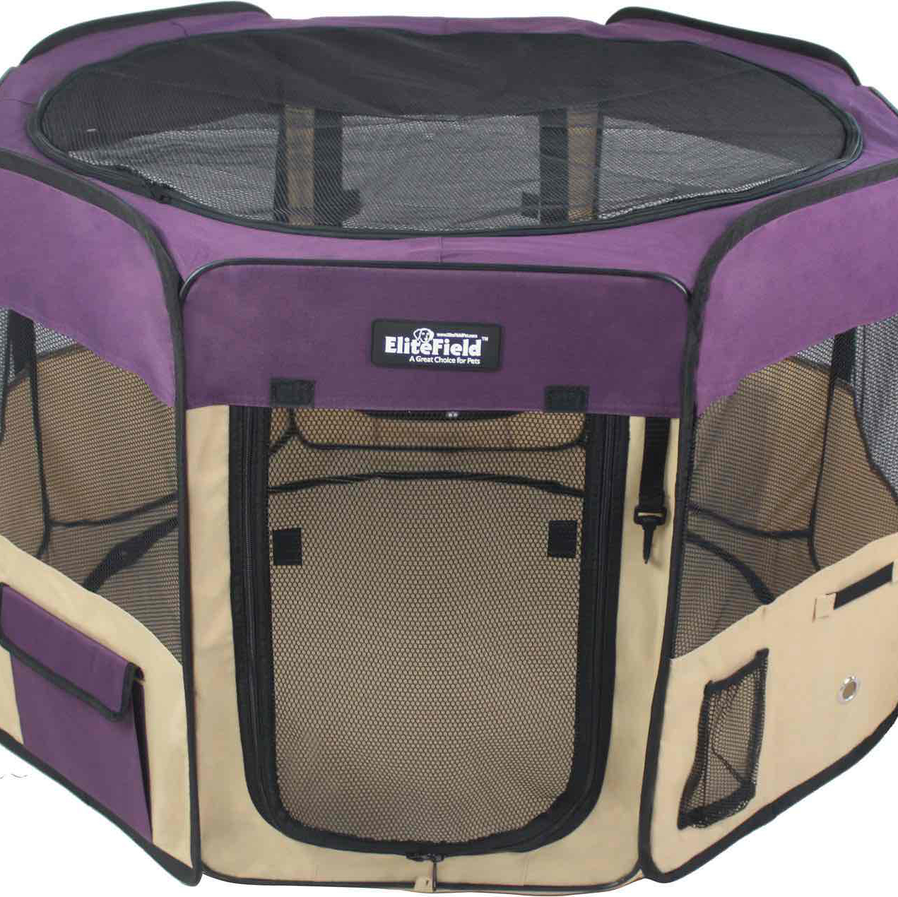 PAWSOME EliteField 2-Door Soft-Sided Kitty Playpen, Purple & Beige