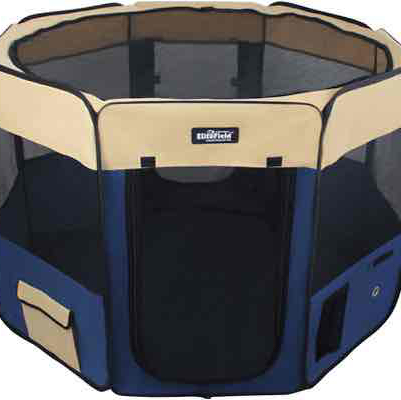 PAWSOME 2-Door Soft-Sided Dog & Cat Playpen, Beige & Navy Blue, 62 x 62 x 36” - Roomy!