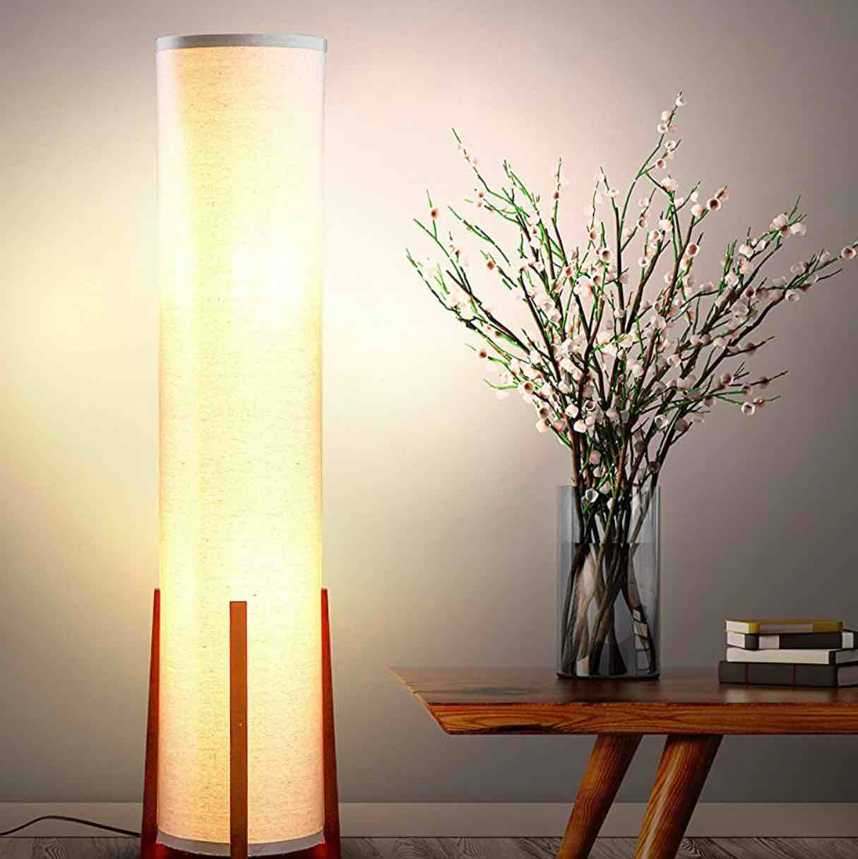 Brightech Parker - Decorative Tower Shade Floor Lamp for Living Rooms - Contemporary Column Lamp - Soft Light for Bedroom Standing 48 Inches (4') Tall - Asian Design w/Wood Frame - Incl. 2 LED Bulbs