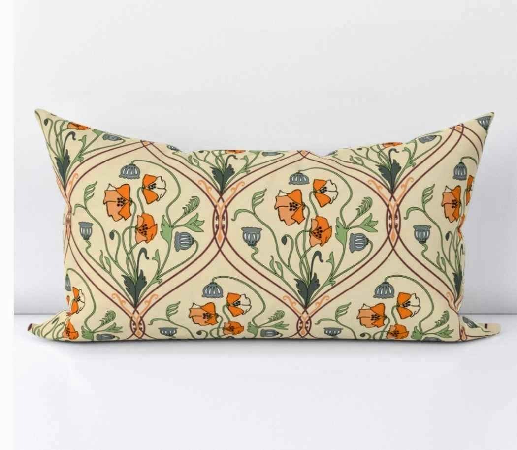 Art Nouveau Poppies-Yellow and Green-Smaller Lumbar Throw Pillow Cover bypaula_ohreen_designs