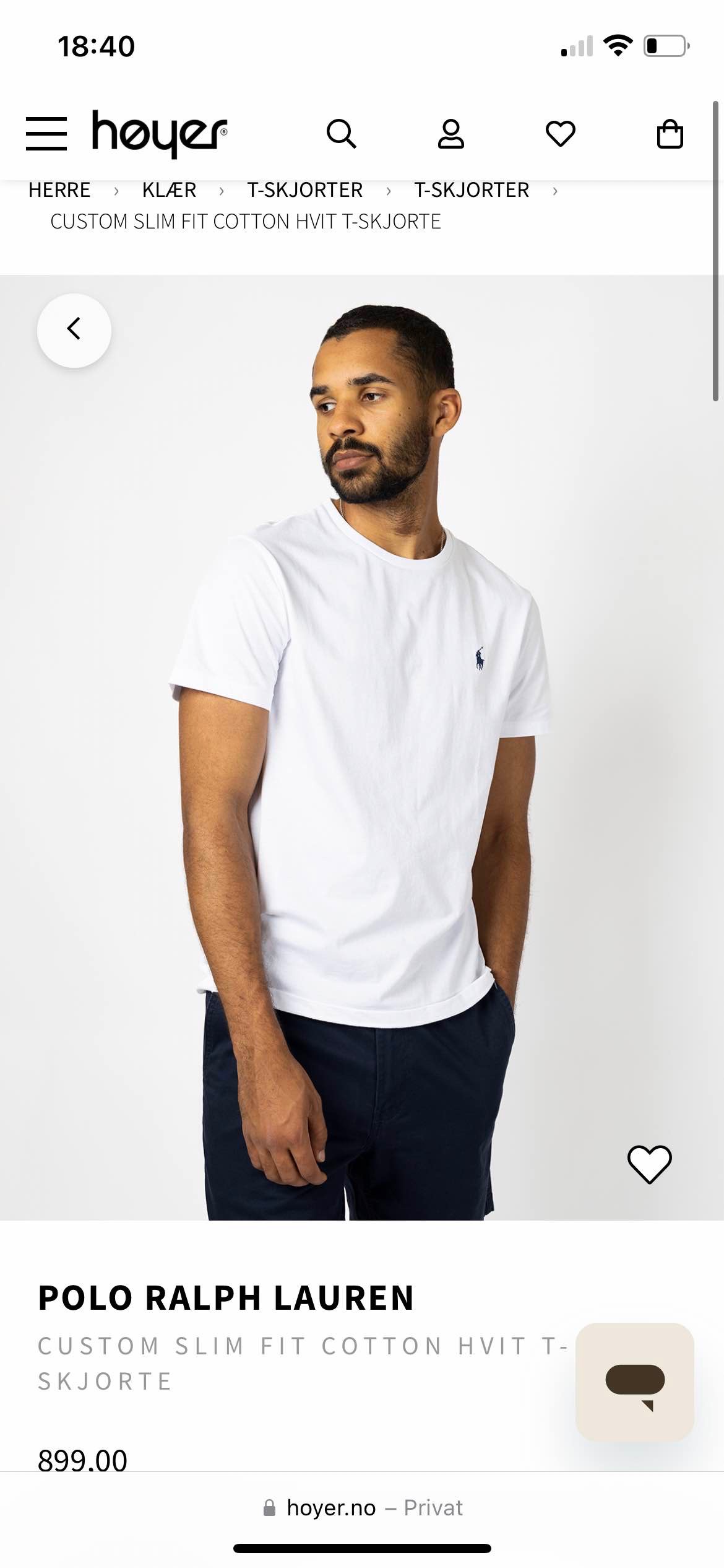 POLO RALPH LAUREN CUSTOM SLIM FIT COTTON HVIT T-SKJORTE