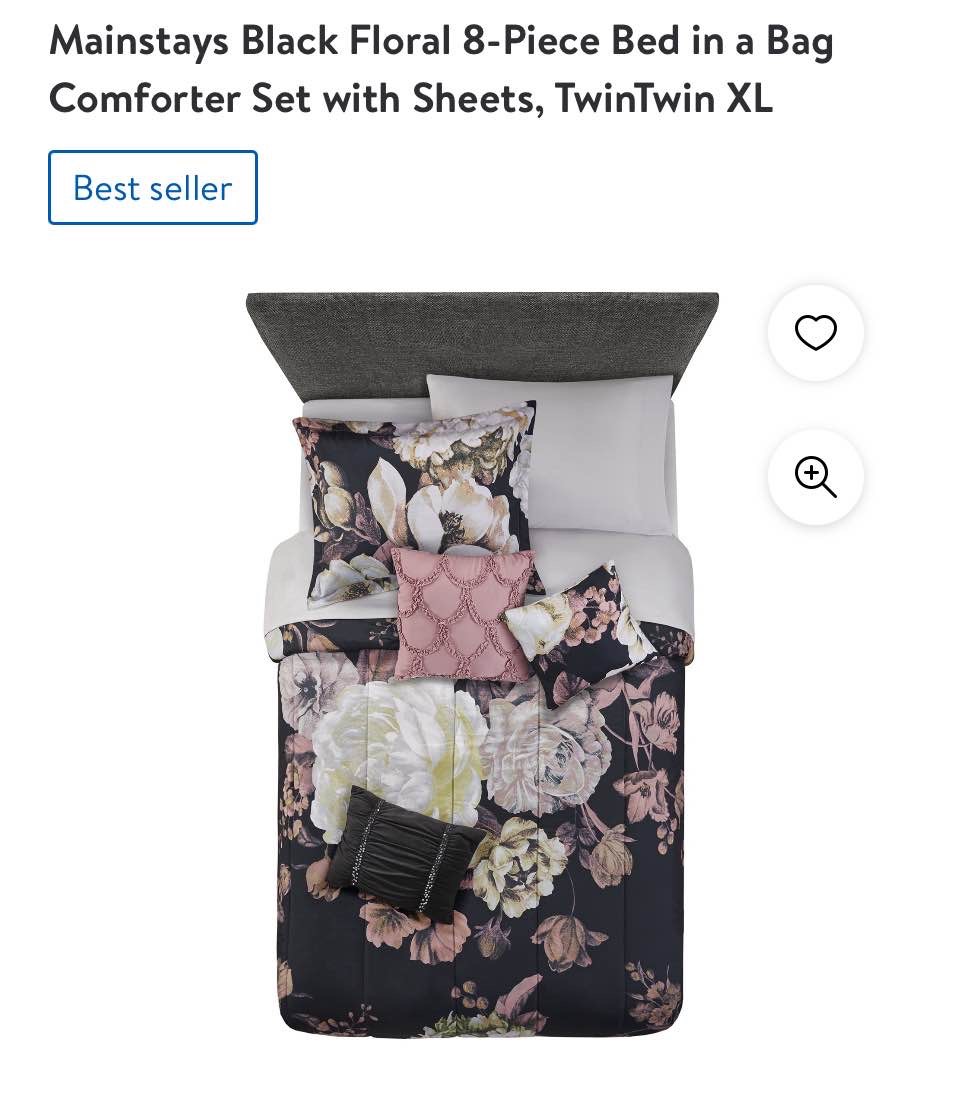 Mainstays Black Floral 8-Piece Bed in a Bag Comforter Set with Sheets, TwinTwin XL