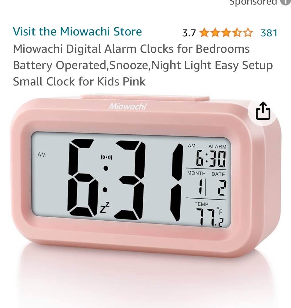 Miowachi Digital Alarm Clocks for Bedrooms Battery Operated,Snooze,Night Light Easy Setup Small Clock for Kids Pink