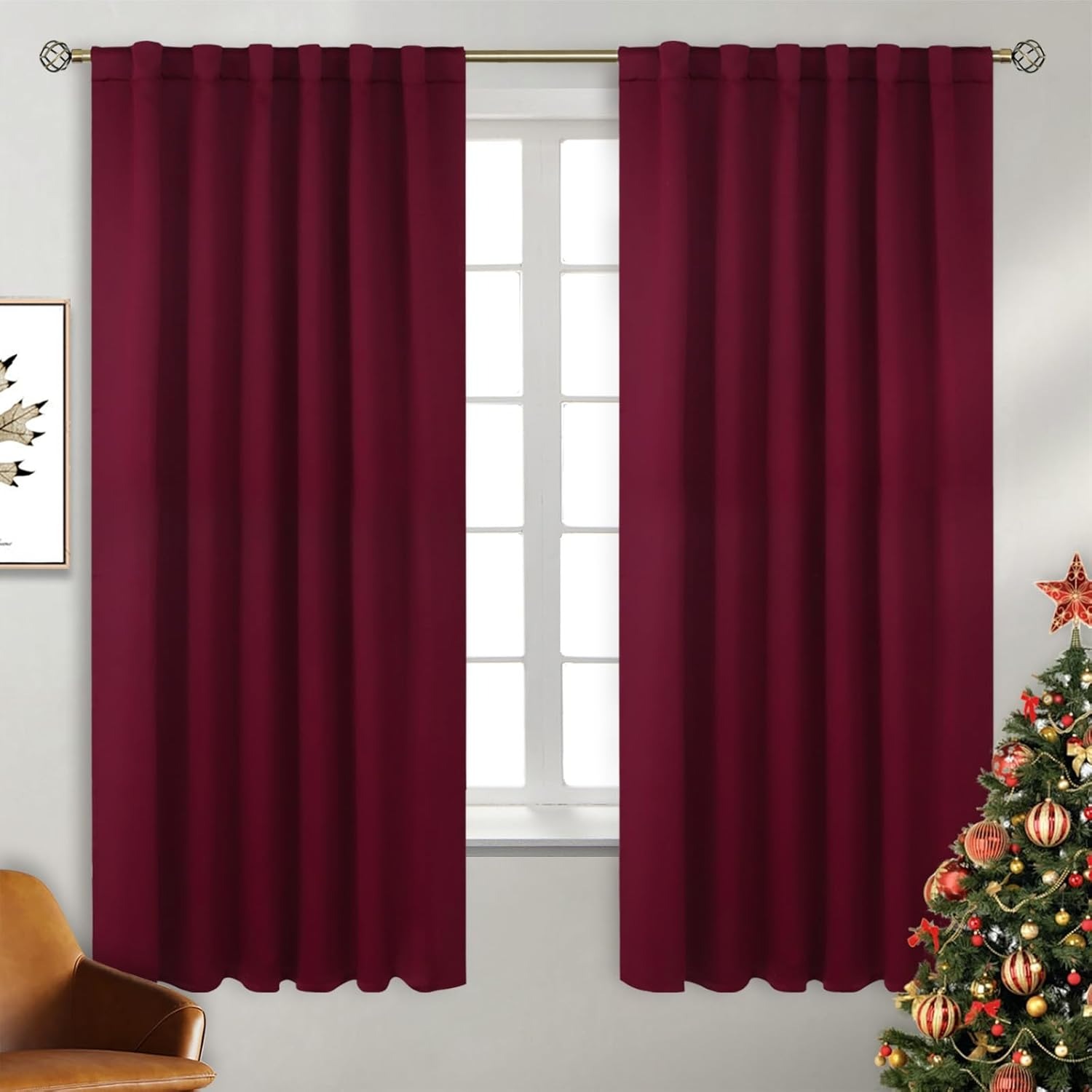 BGment Rod Pocket and Back Tab Blackout Curtains for Bedroom - Christmas Curtains Thermal Insulated Room Darkening Drapes for Living Room, 2 Window Curtain Panels (52 x 63 Inch, Burgundy Red)