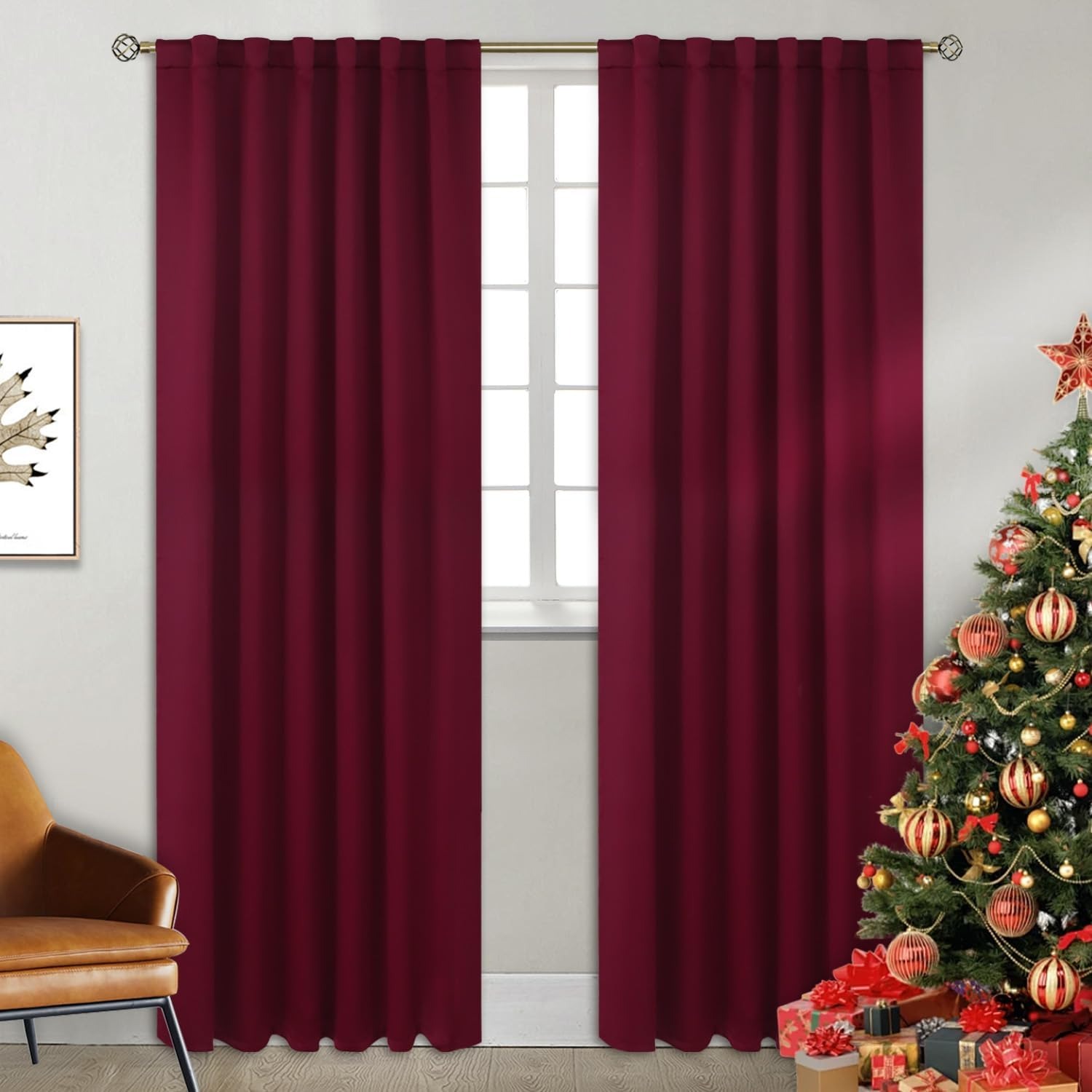 BGment Rod Pocket and Back Tab Blackout Curtains for Bedroom - Christmas Red Thermal Insulated Room Darkening Curtains for Living Room, 2 Window Curtain Panels (52 x 90 Inch, Burgundy Red)