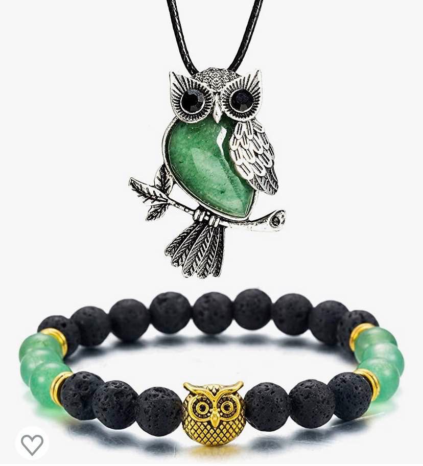 Softones Owl Necklace Healing Crystals Necklace for Women Men Reiki Spiritual Energy Gemstone Necklace Lava Owl Bracelet Set Gifts for Women with Gift Box