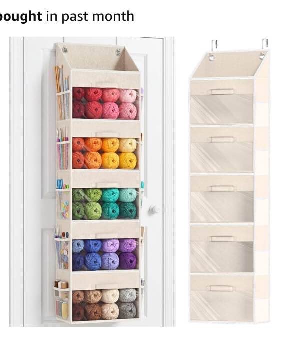 Ofiray-home Hanging Yarn Storage Organizer with 5 Drawers, Over the Door Large Capacity Knitting Organizer Storage&10 Mesh Side Pockets, Hanging Yarn Holder for Knitting Needles, Crochet Hooks- Beige