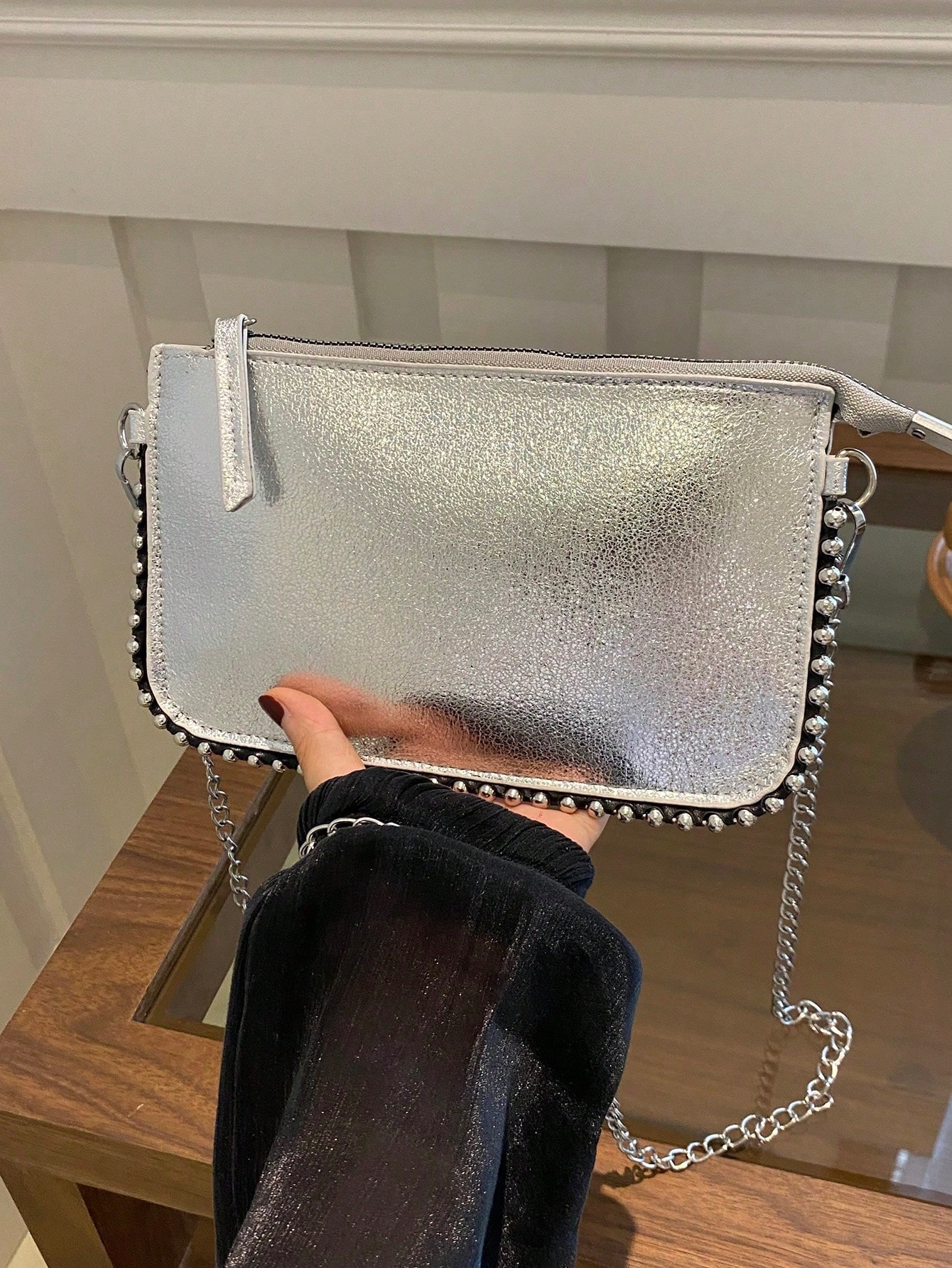 Crackle Patent Leather Envelope Bag, Women Fashion Charm Handbag, Beaded Shoulder/Crossbody Bag, Elegant Pearl Bag