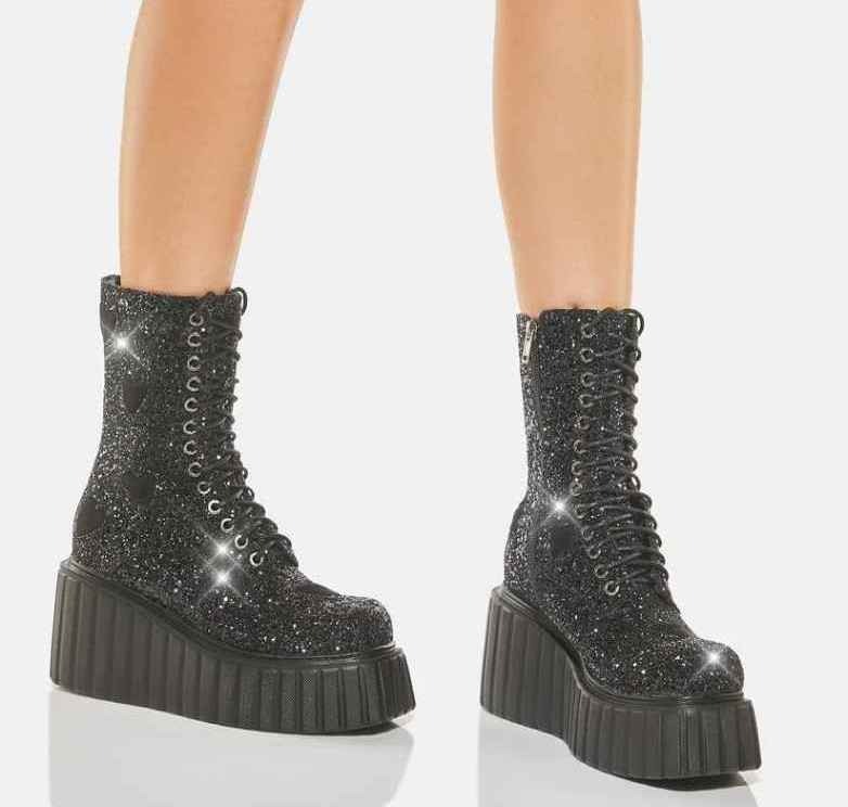 DOLLSKILL Lamoda Glitter Creeper Combat Boots - Black