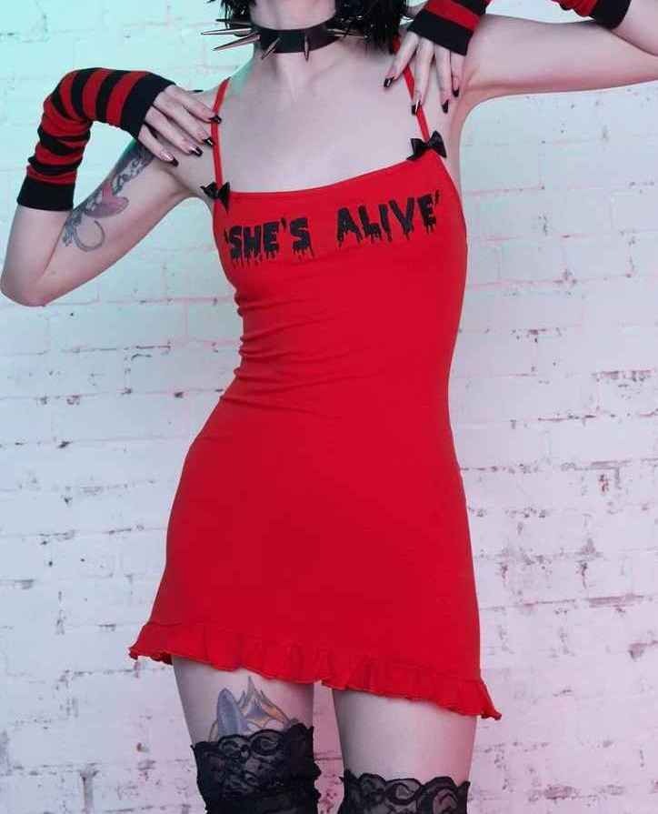 DOLLSKILL X Monsters She's Alive Embroidered Pajama Dress - Red