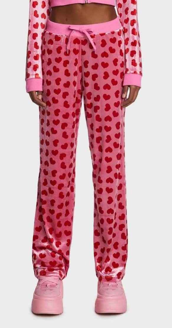 DOLLSKILL Sugar Thrillz Heart Print Velour Track Pants - Pink/Red
