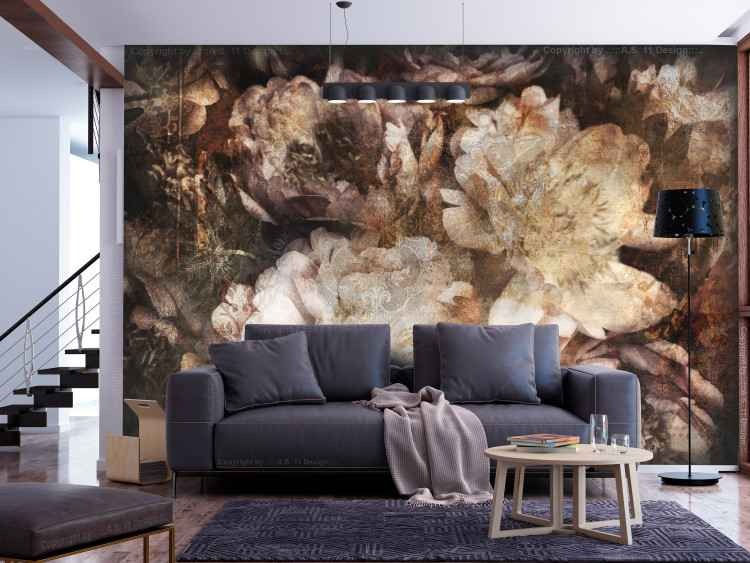 Wallpaper Abstractie - natuur met bloemen in tinten bruin en een glanseffect