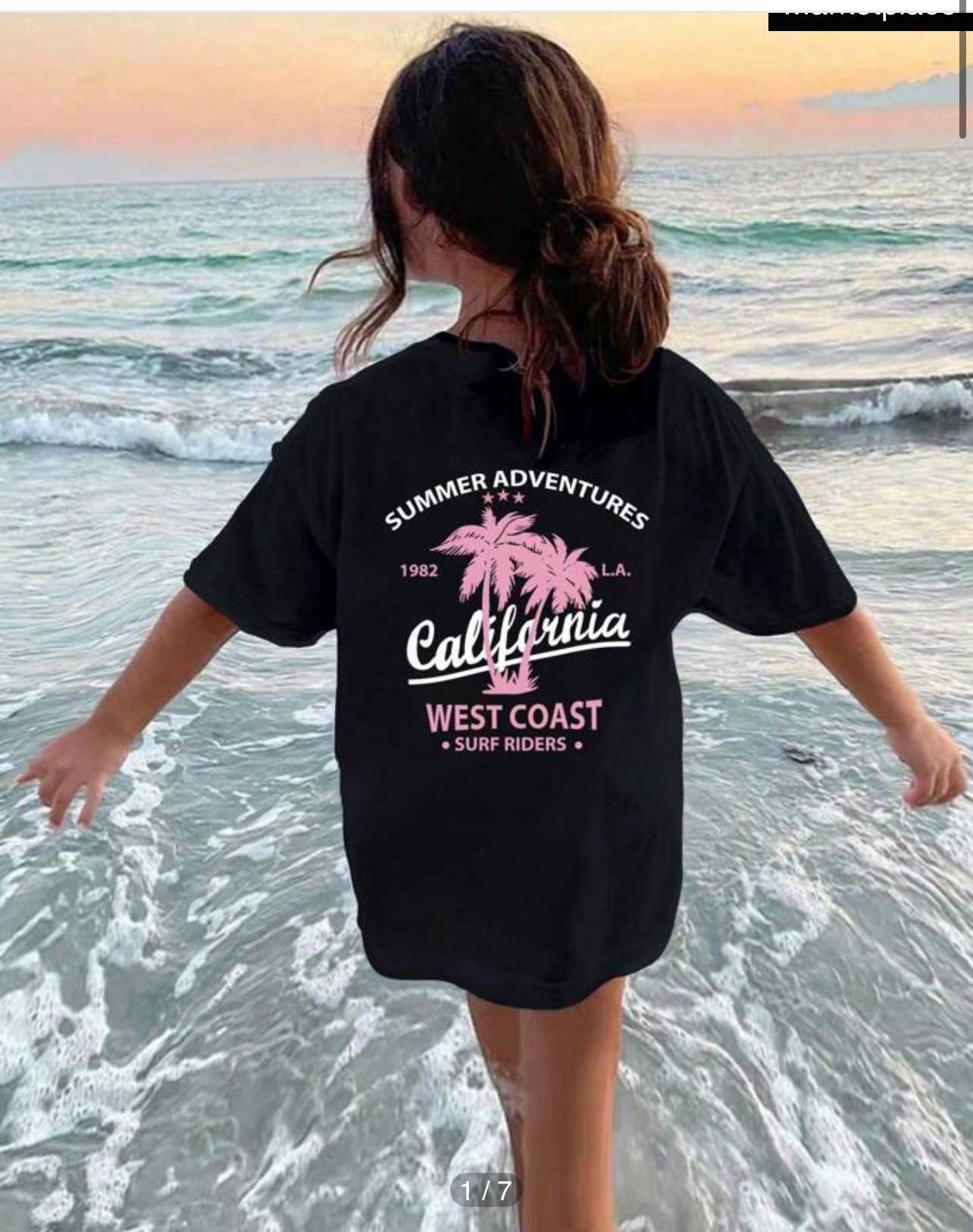 2024 New Pink Palm Tree English Letters Casual Black Round Neck Short Sleeve T-Shirt, Summer