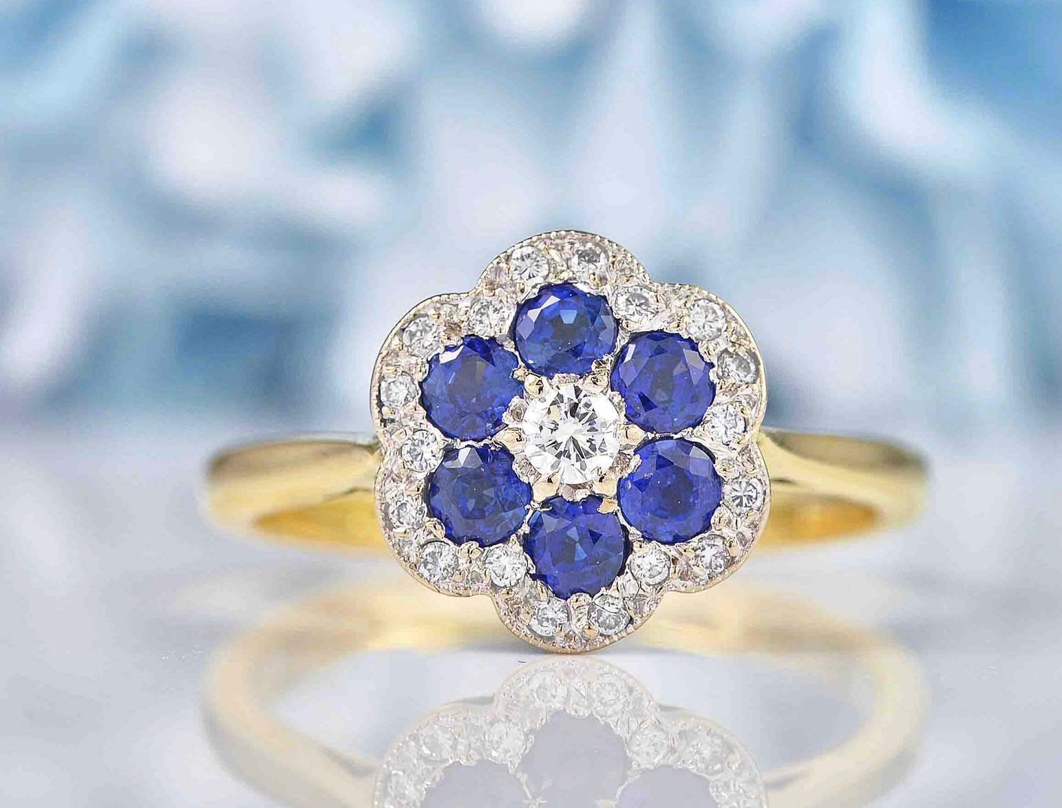 Vintage 1997 Sapphire & Diamond Daisy Cluster Ring