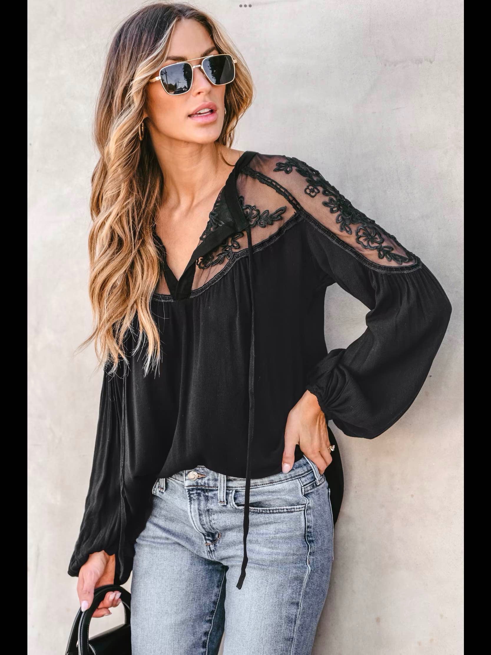 Floral Lace Mesh Split Neck Top