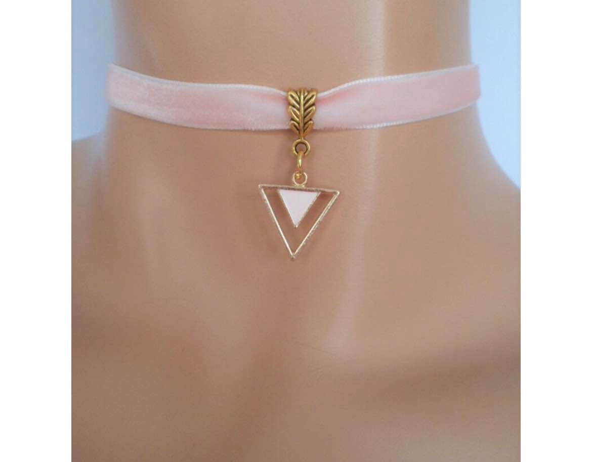 pink velvet choker, triangle choker, triangle necklace