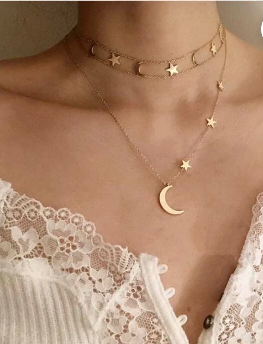 Layered Moon Star Choker Necklace, Moon Necklace Gold, Star Necklace, Moon Choker, Star Choker, Layered Necklaces