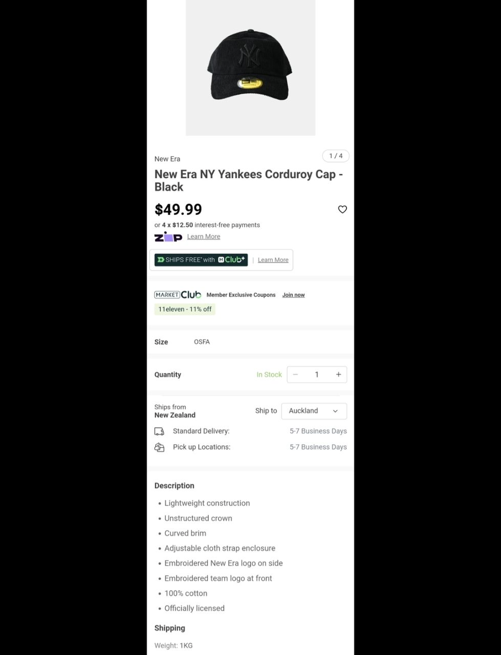 New Era NY Yankees Corduroy Cap - Black