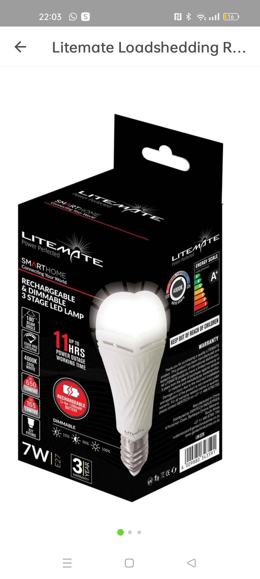 Litemate Loadshedding Rechargeable & Dimmable 7W LED A60 Screw-in