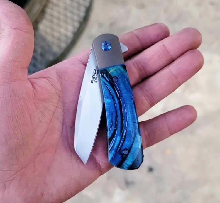 Jerry Valdez on Instagram: "Peña apache powered by @leewilliamsknives kick stop came for new cross cut mammoth scales man I like alot this blue ?"