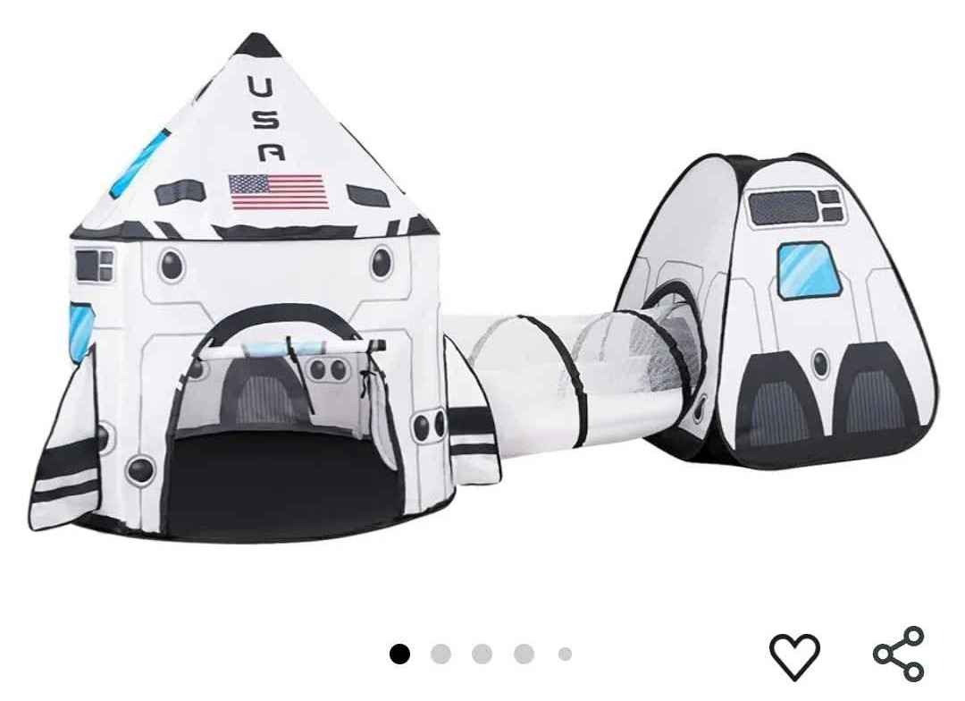 JOYIN White Rocket Ship Pop up Play Tent with Tunnel and Playhouse Kids Indoor Outdoor Spaceship Tent Set