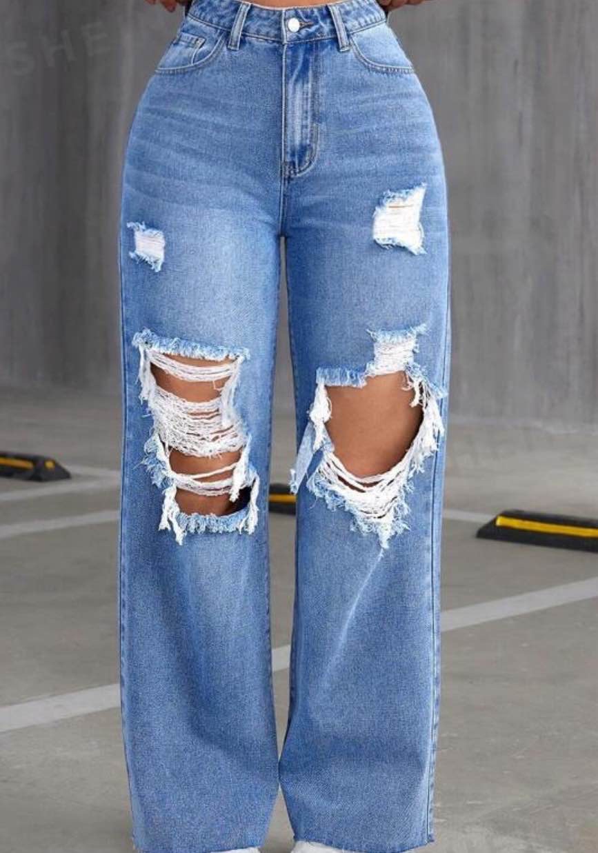 Distressed Wide Leg Denim Jeans For Women