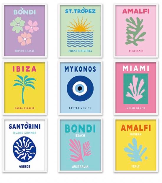 Whaline 9Pcs Preppy Travel Wall Art Prints Abstract Aesthetic Preppy Room Decor Colorful Minimalist Unframed Art Poster Decor