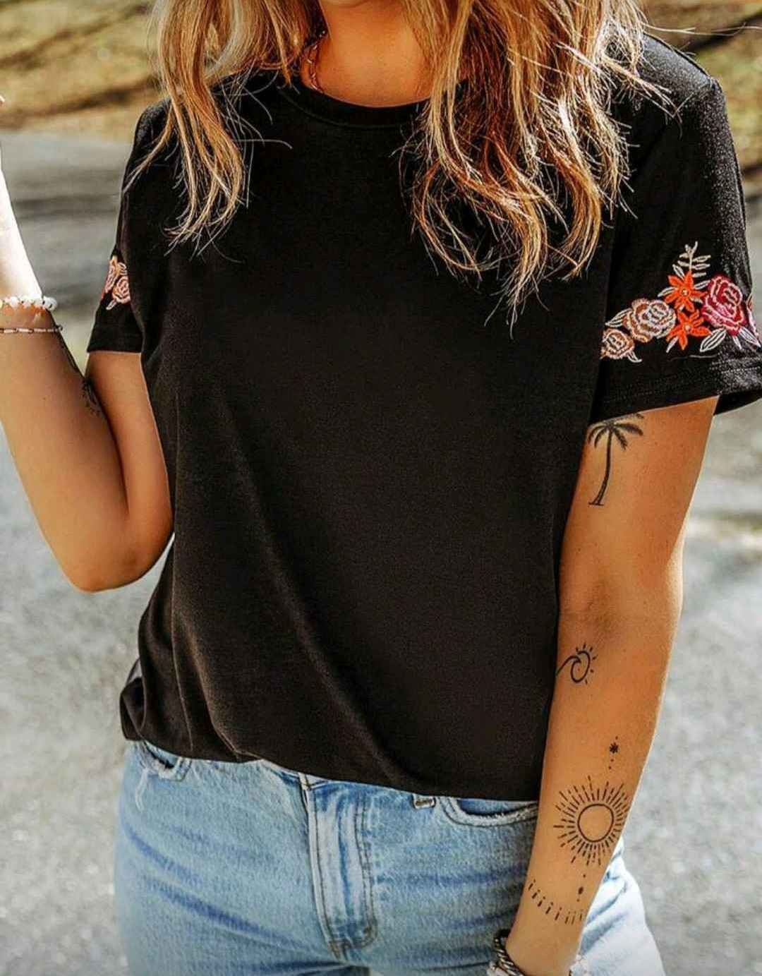 black floral embroidered short sleeve blouse