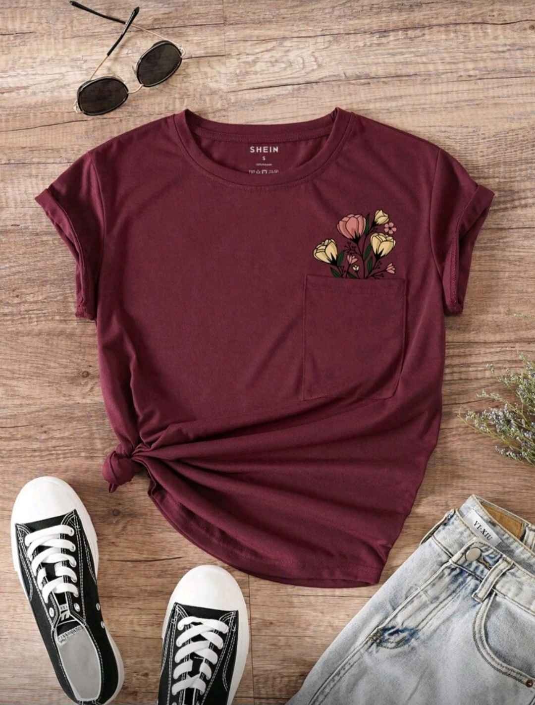 INAWLY Floral Print Pocket Patched Tee Graphic Tees Women Tops