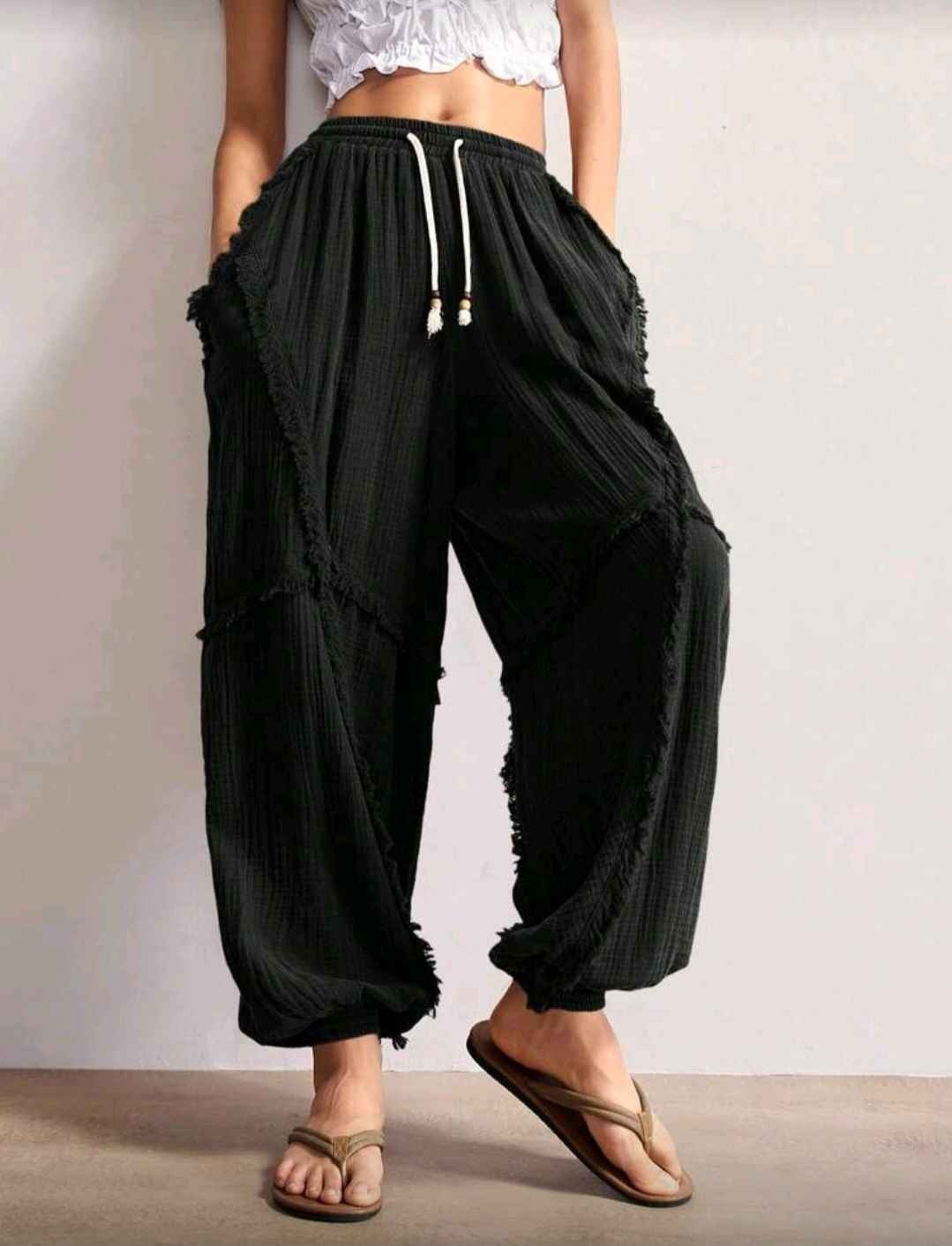 Bohemela Boho Countryside Vacation Style Solid Color Woven Loose Women Pants