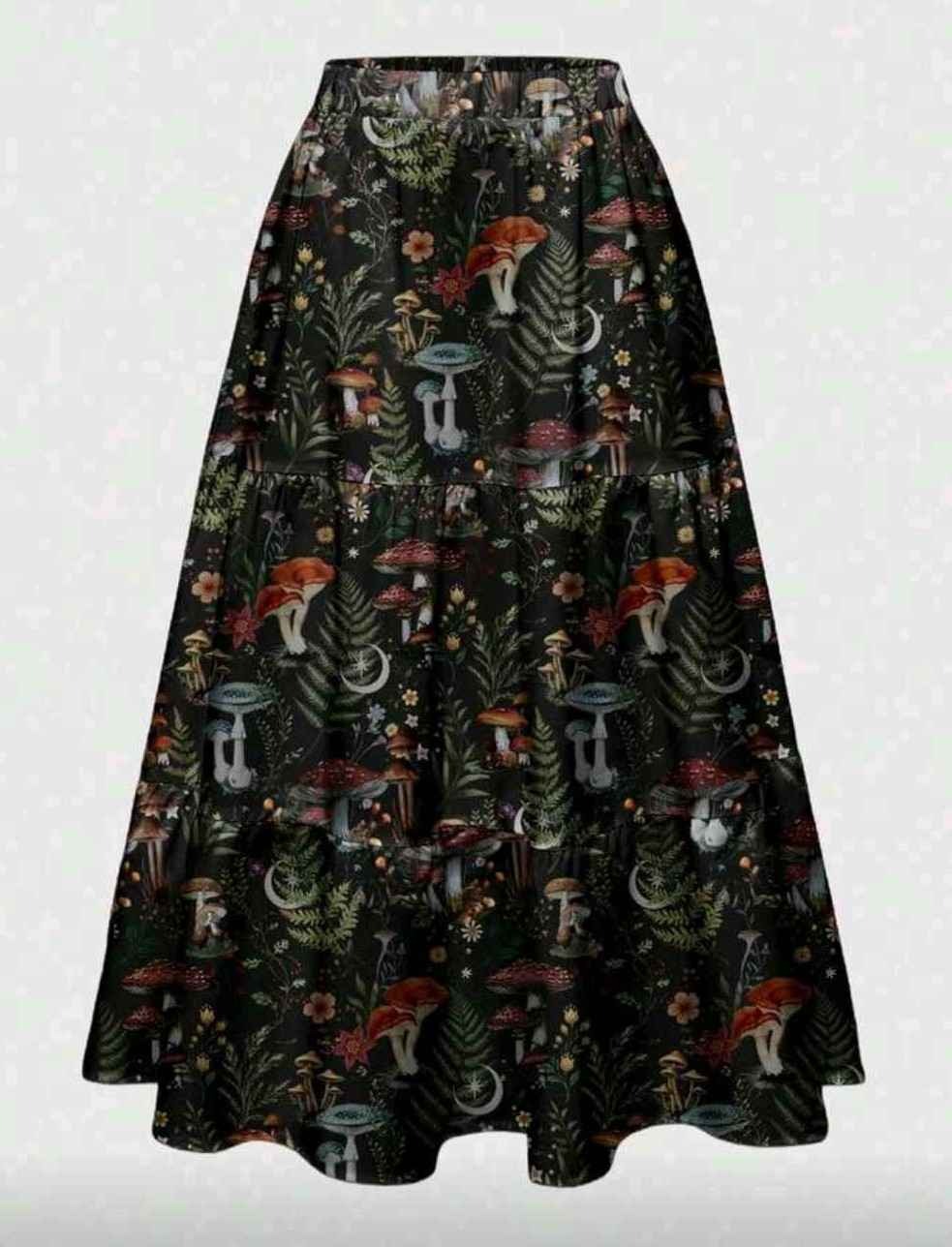 ROMWE Fairycore 3-Layer Women Mushroom & Leaf Allover Print Goth Skirt With Sun, Moon & Star Patterns, Autumn/Winter
