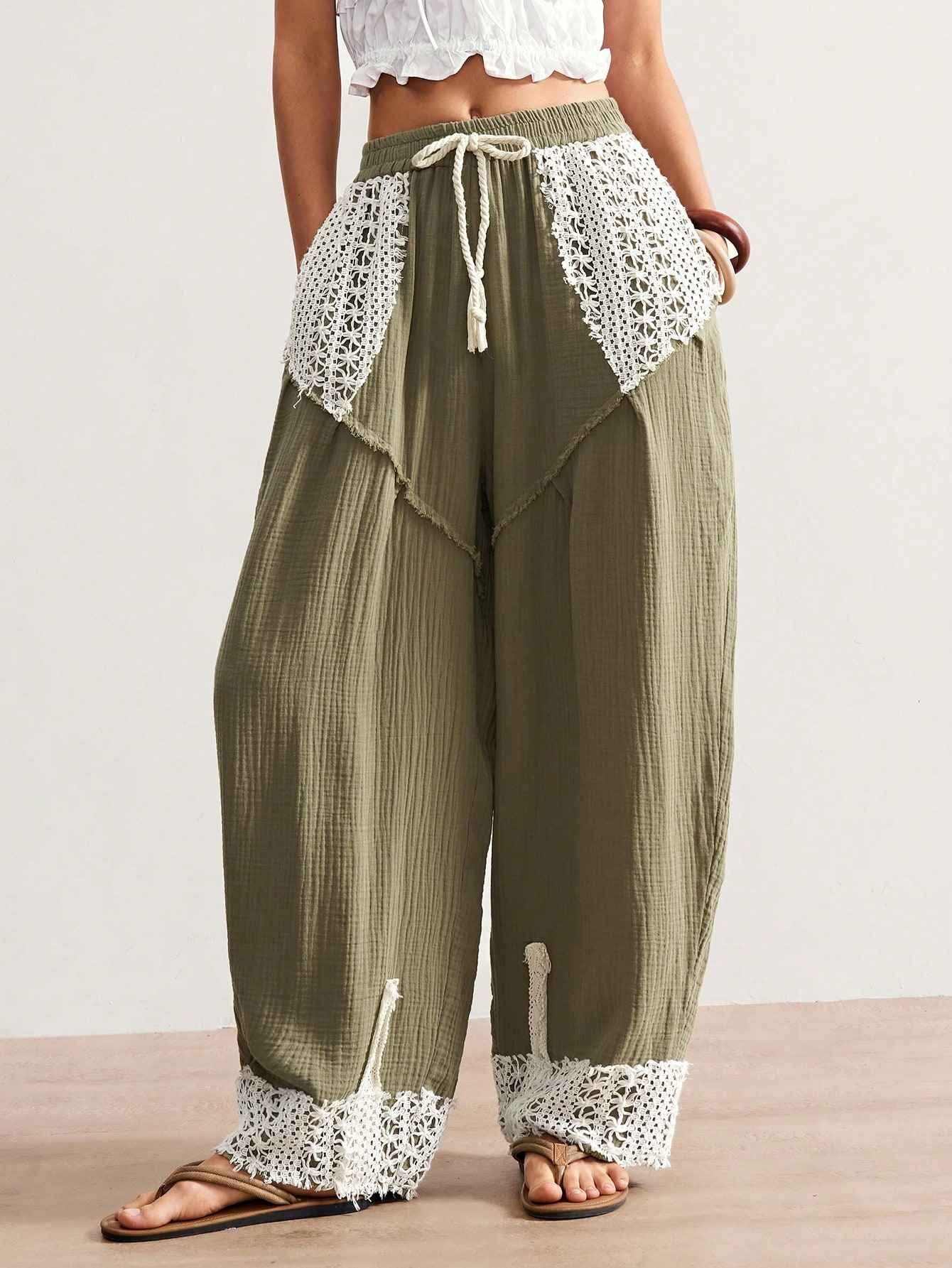 Bohemela BOHO Women's Loose Fit Drawstring Waist Pockets Tapered Patchwork And Contrast Lace Casual Long Pants, Western Vintage Country Style Vacation For Summer/Autumn