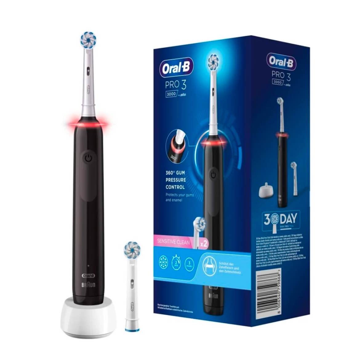 Oral-B by Braun Pro 3 3000 Electric Toothbrush with Smart Pressure Sensor & 2 Sensitive Heads