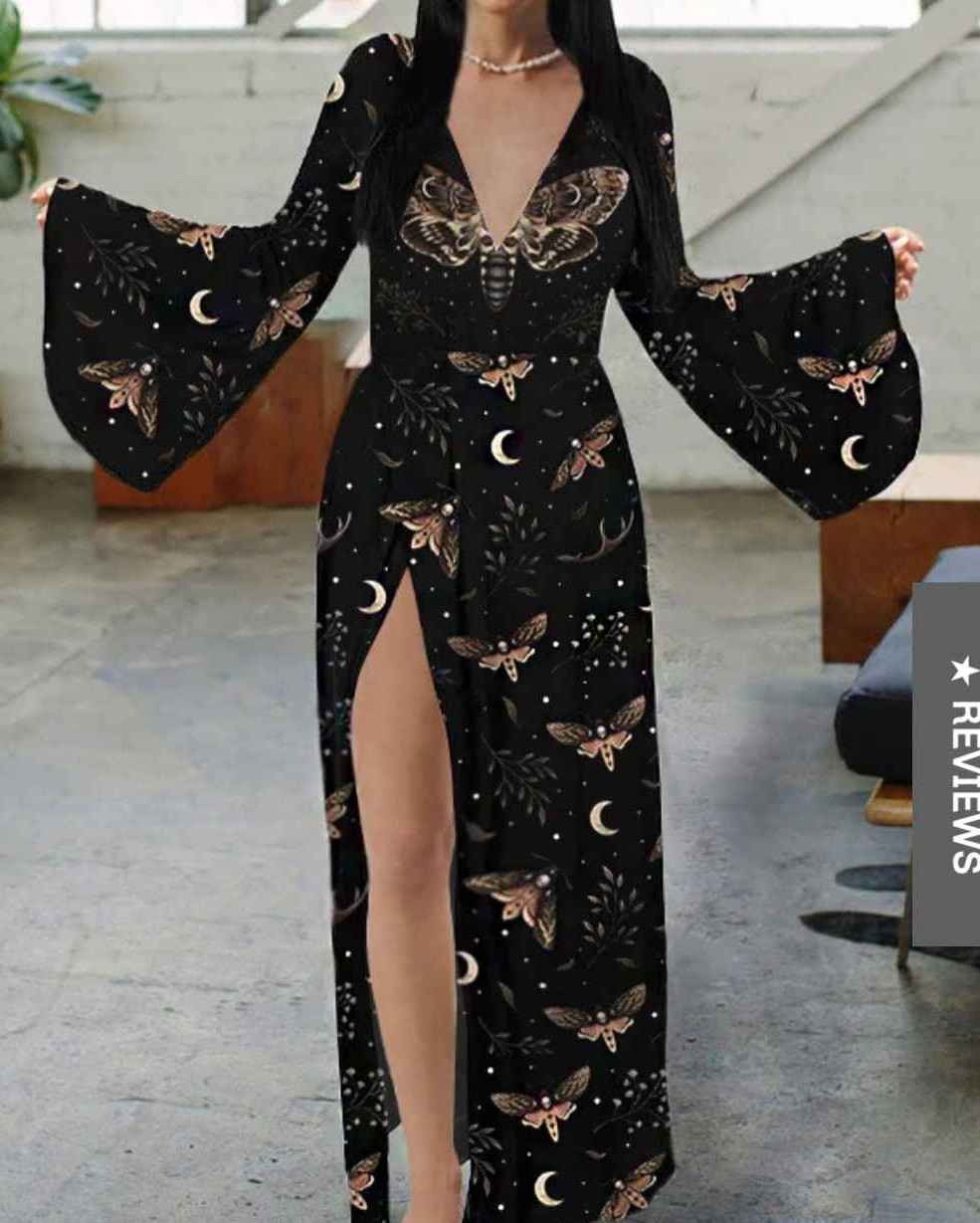 Death's Head Moth Pattern Print V-neck Bohemian Dress