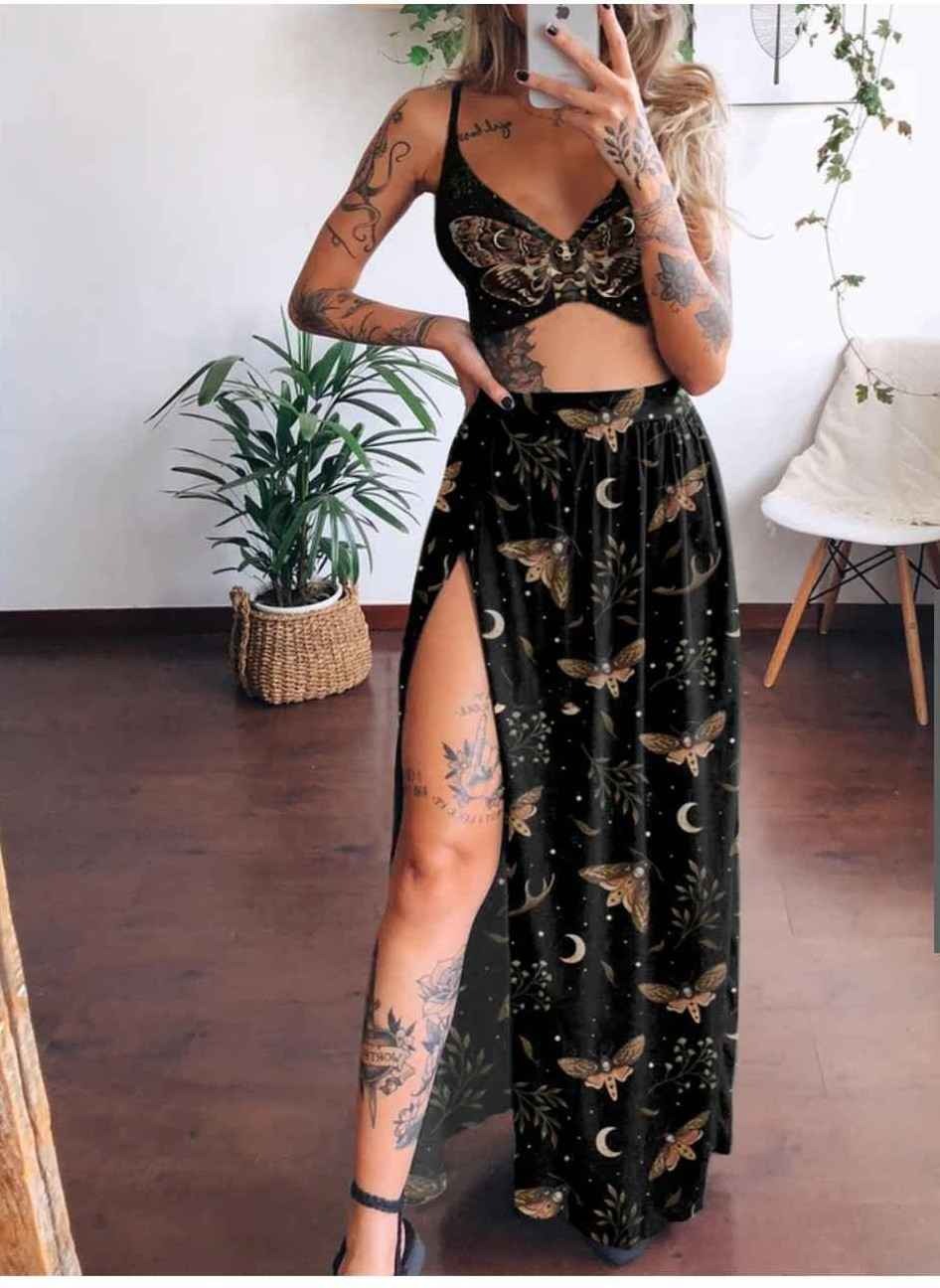 Death's Head Moth Print Suspender And Skirt Two-Piece Set