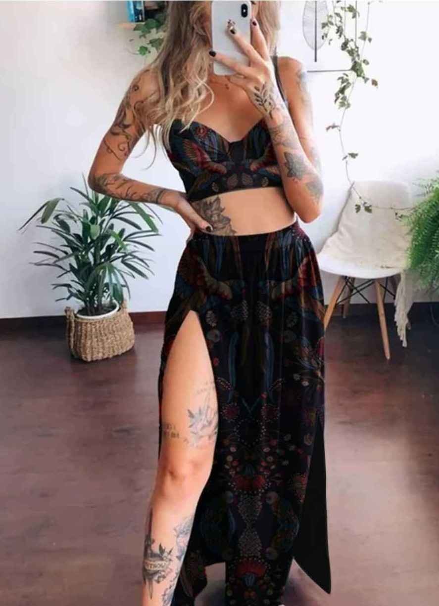 Women's Sexy Bird Print Camisole And Slit Skirt Set