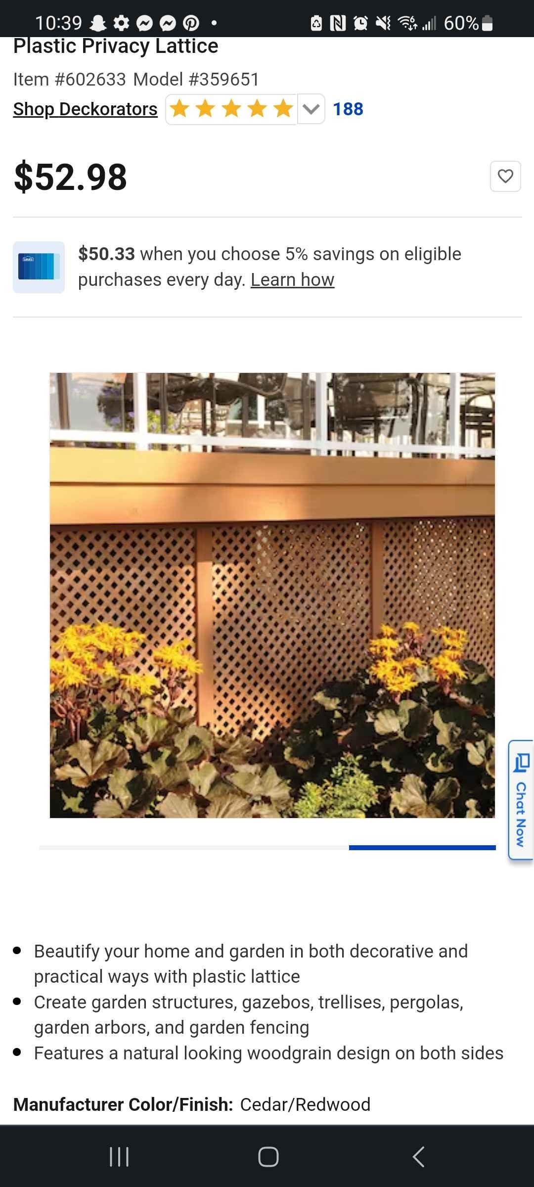 Deckorators 1/8-in x 48-in x 8-ft Cedar/Redwood Plastic Privacy Lattice
