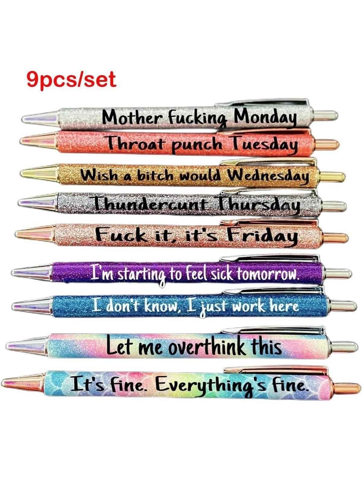 Set Of 9 Fun Ballpoint Pens, 7 Days A Week Fun Pens, Everyday Fountain Pens Smooth Writing Black Ink 1.0mm Medium Point, Creative Gifts For School Office Colleagues