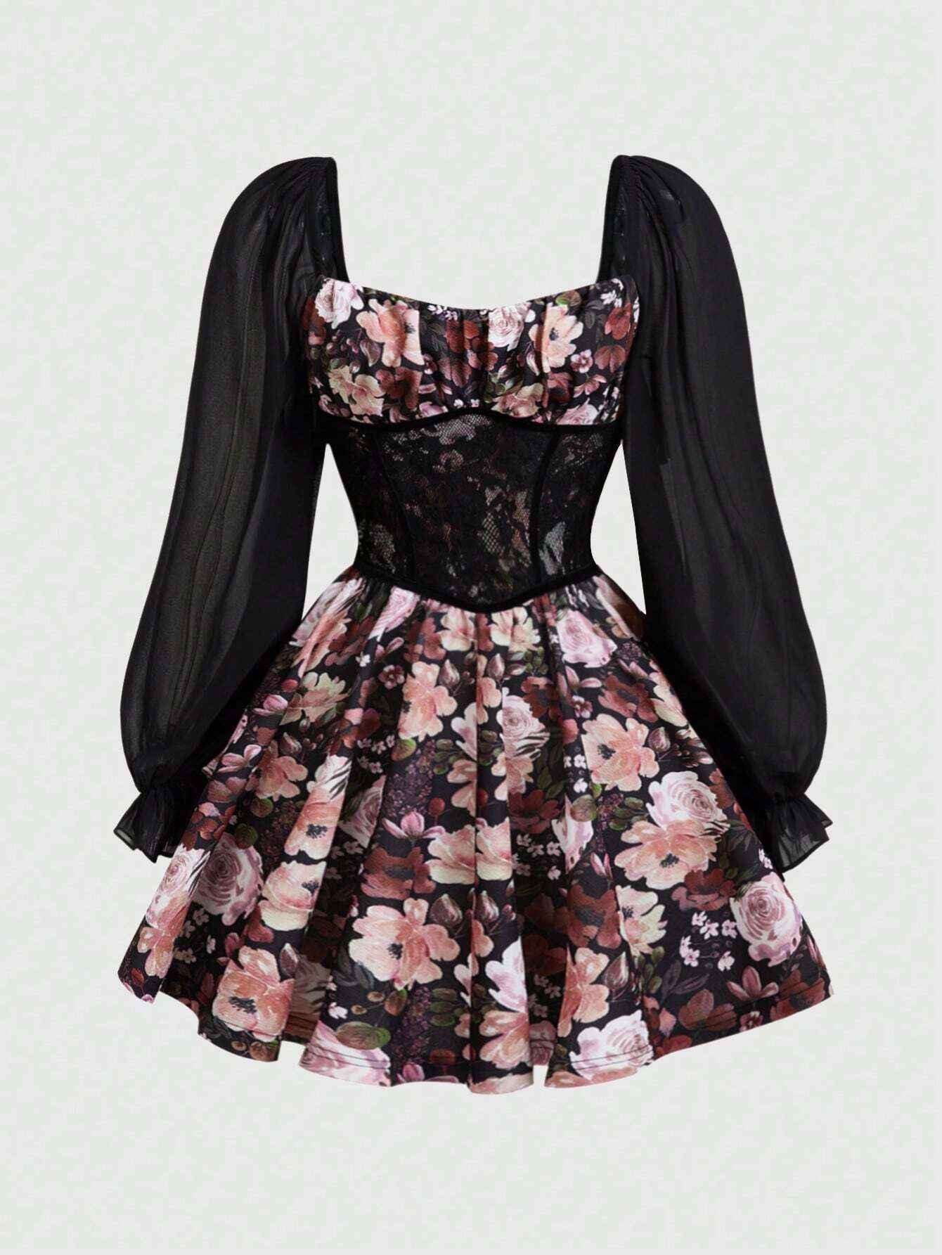 Anis Illustration Artist Girlcore Floral Print Contrast Lace Flare Sleeve Dress, Fall Women Clothes, For Autumn & Winter